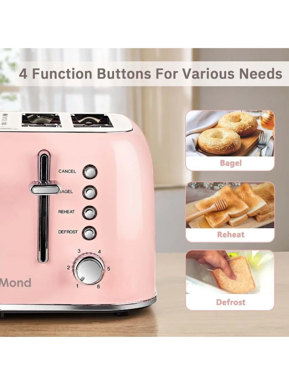 4 Slice Pink Retro Stainless Steel with Extra Wide Slots Bagel Defrost Toaster
